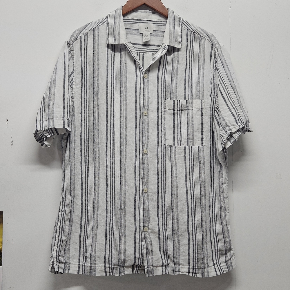 H&M Regular Fit Button Front Stripe SS Shirt Mens Size L Linen Blend Resort Wear